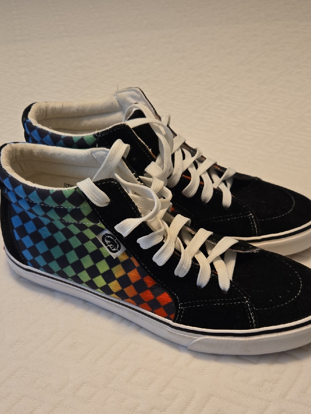 Ecko Unlimited Men's High-Top Sneakers with Rainbow Checkerboard and Black Suede